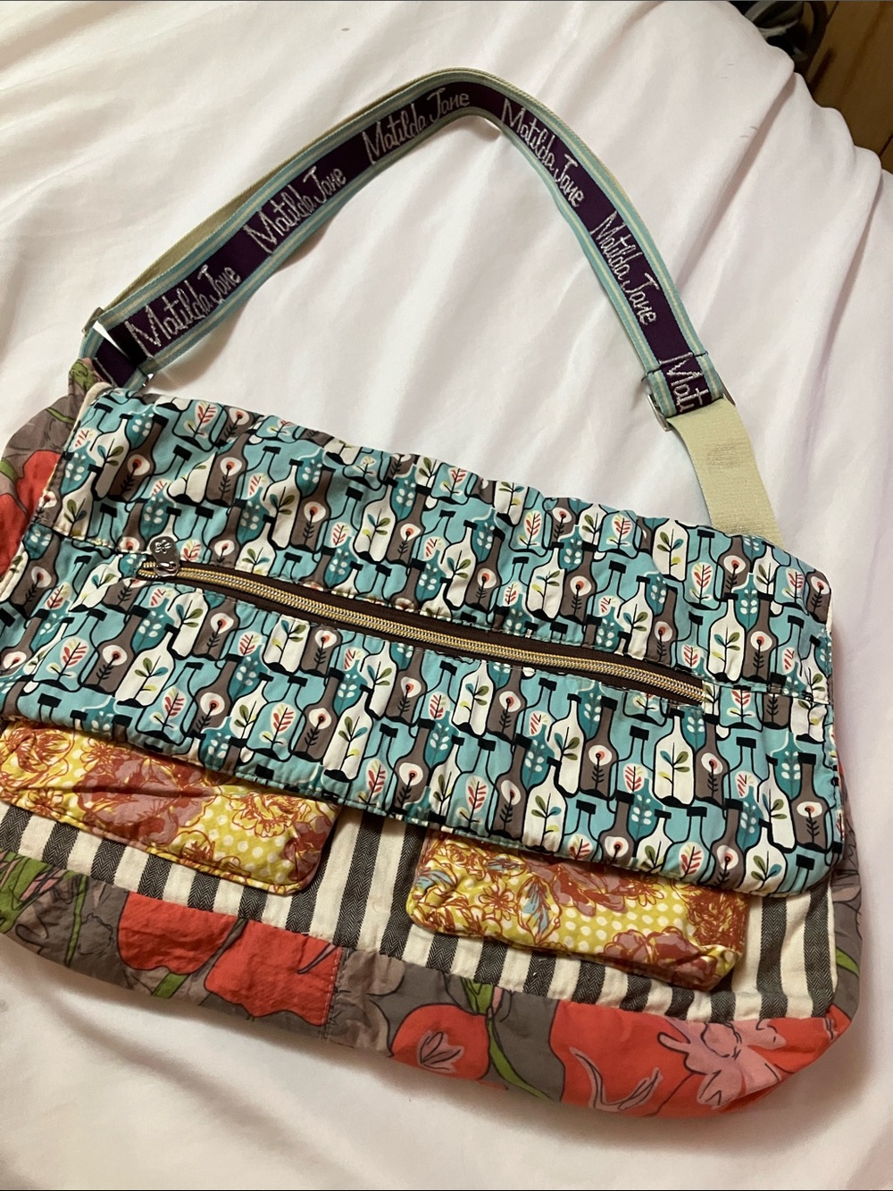 Matilda Jane Teal, Coral, Yellow & Brown Mixed-Print Quilted Shoulder Bag